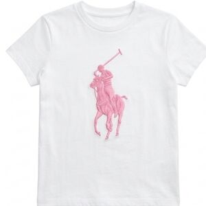 Ralph Lauren Women's L/G Big Pony White T-Shirt Pink Logo Mercerized Cotton